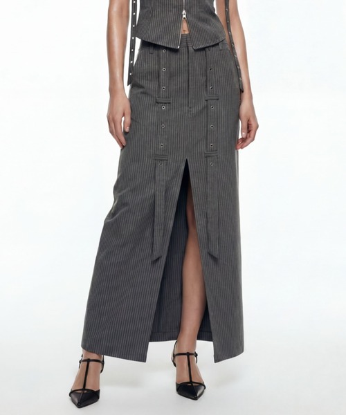TAJEN:T(タジェント)の「【TAJEN:T】BELT DESIGN SLIT LONG SKIRT/ベルトデザインスリットロングスカート/セットアップ着用可能(スカート・レディース・ベージュ/グレー・2/1)」の2枚目の写真