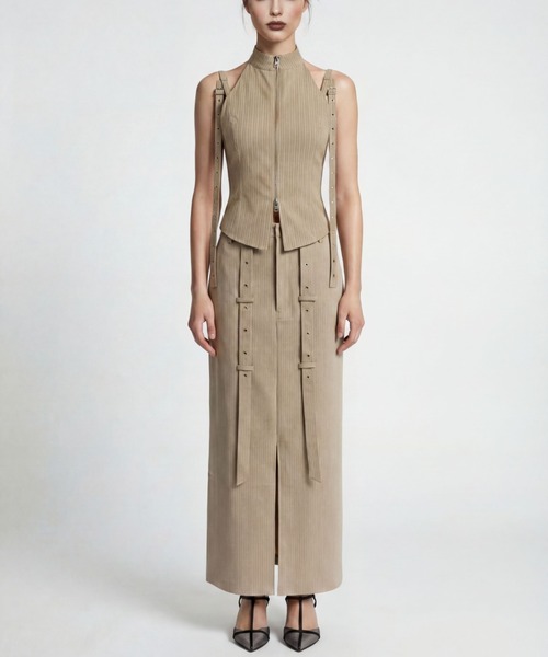 TAJEN:T(タジェント)の「【TAJEN:T】BELT DESIGN SLIT LONG SKIRT/ベルトデザインスリットロングスカート/セットアップ着用可能(スカート・レディース・ベージュ/グレー・2/1)」の3枚目の写真