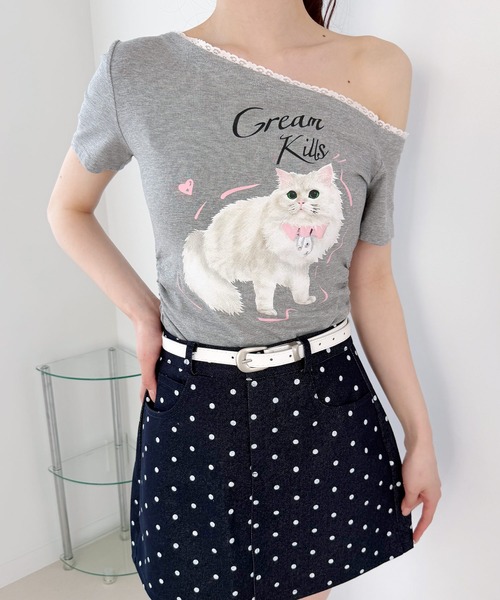 frunco(フランコ)の「キャットプリントTシャツ(Tシャツ/カットソー・レディース・ピンク/ホワイト/ブルー/グレー・FREE)」の2枚目の写真