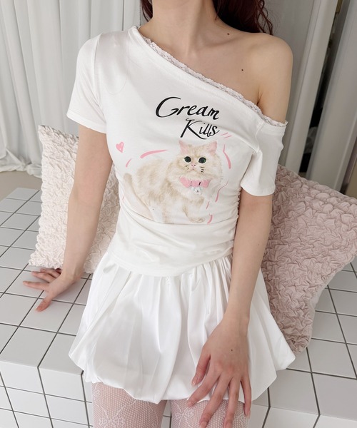 frunco(フランコ)の「キャットプリントTシャツ(Tシャツ/カットソー・レディース・ピンク/ホワイト/ブルー/グレー・FREE)」の1枚目の写真