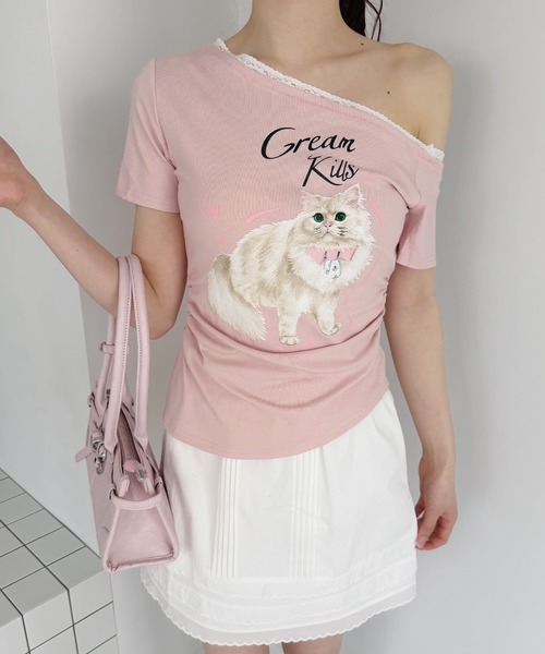 frunco(フランコ)の「キャットプリントTシャツ(Tシャツ/カットソー・レディース・ピンク/ホワイト/ブルー/グレー・FREE)」の4枚目の写真