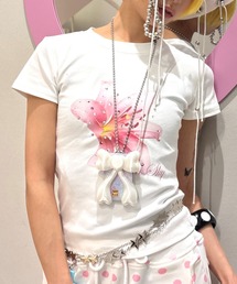Never mind the XU | 【Never mind the XU】flower rhinestone tee / 【ネバーマインド ザ エックスユー】フラワープリントラインストーンクロップド半袖Tシャツ(Tシャツ/カットソー)