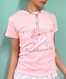 Never mind the XU | 【Never mind the XU】flower rhinestone tee / 【ネバーマインド ザ エックスユー】フラワープリントラインストーンクロップド半袖Tシャツ(Tシャツ/カットソー)
