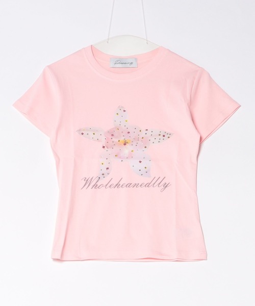 Never mind the XU(ネバーマインドザエックスユー)の「【Never mind the XU】flower rhinestone tee / 【ネバーマインド ザ エックスユー】フラワープリントラインストーンクロップド半袖Tシャツ(Tシャツ/カットソー・レディース・イエロー/ホワイト/ピンク・L)」の3枚目の写真