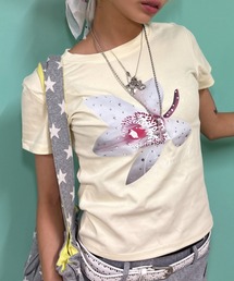 Never mind the XU | 【Never mind the XU】flower rhinestone tee / 【ネバーマインド ザ エックスユー】フラワープリントラインストーンクロップド半袖Tシャツ(Tシャツ/カットソー)