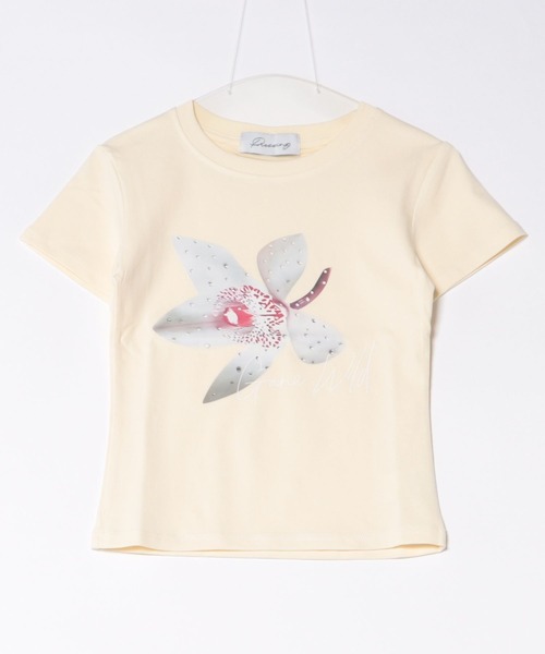 Never mind the XU(ネバーマインドザエックスユー)の「【Never mind the XU】flower rhinestone tee / 【ネバーマインド ザ エックスユー】フラワープリントラインストーンクロップド半袖Tシャツ(Tシャツ/カットソー・レディース・イエロー/ホワイト/ピンク・L)」の2枚目の写真