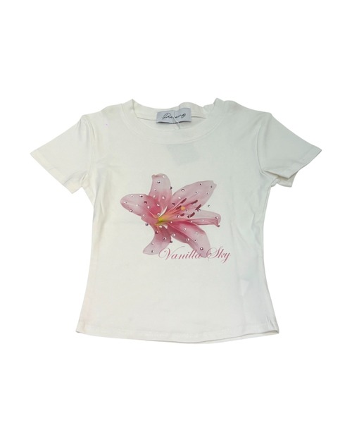 Never mind the XU(ネバーマインドザエックスユー)の「【Never mind the XU】flower rhinestone tee / 【ネバーマインド ザ エックスユー】フラワープリントラインストーンクロップド半袖Tシャツ(Tシャツ/カットソー・レディース・イエロー/ホワイト/ピンク・L)」の9枚目の写真