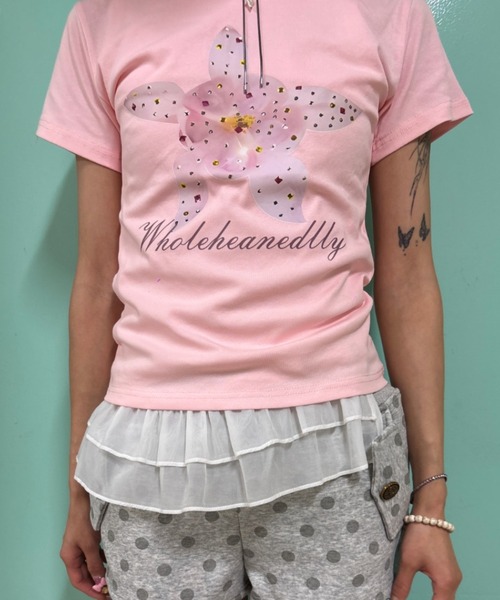 Never mind the XU(ネバーマインドザエックスユー)の「【Never mind the XU】flower rhinestone tee / 【ネバーマインド ザ エックスユー】フラワープリントラインストーンクロップド半袖Tシャツ(Tシャツ/カットソー・レディース・イエロー/ホワイト/ピンク・L)」の13枚目の写真