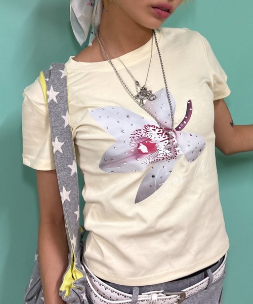 Never mind the XU(ネバーマインドザエックスユー)の「【Never mind the XU】flower rhinestone tee / 【ネバーマインド ザ エックスユー】フラワープリントラインストーンクロップド半袖Tシャツ(Tシャツ/カットソー・レディース・イエロー/ホワイト/ピンク・L)」の16枚目の写真