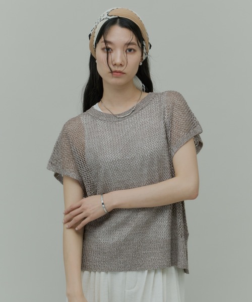 Plumel(プルメル)の「Sleeveless Mesh Knit Tops with Tank / スリーブレスメッシュニットwithタンク(ニット/セーター・レディース・モカ/ラベンダー/ブラック・MEDIUM)」の4枚目の写真
