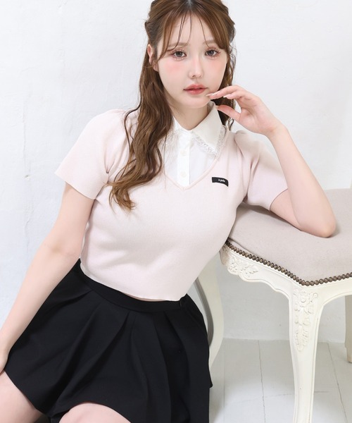one after another NICE CLAUP(ワンアフターアナザーナイスクラップ)の「レース襟ドッキングニット(ニット/セーター・レディース・オフホワイト/ブラウン/ピンク/ブラック・FREE)」の1枚目の写真