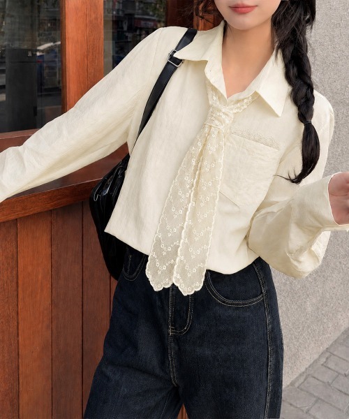 Miniministore(ミニミニストア)の「レースストール付きクレープシャツ 韓国風(シャツ/ブラウス・レディース・ホワイト/アイボリー・L/M)」の7枚目の写真
