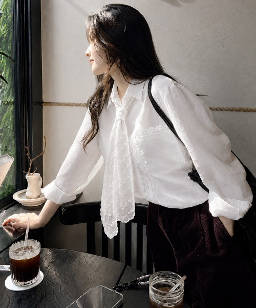 Miniministore(ミニミニストア)の「レースストール付きクレープシャツ 韓国風(シャツ/ブラウス・レディース・ホワイト/アイボリー・L/M)」の11枚目の写真