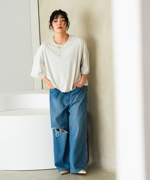 INOIE（イノイエ）の「［INOIE］メランジクールドロップショルダー ルーズカットソー（Tシャツ/カットソー・レディース・アイボリー・S/M）」の6枚目の写真