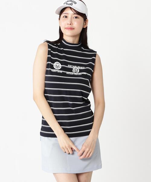 PEARLY GATES(パーリーゲイツ)の「【PEARLY GATES】ボーダーFD40/-FD100dベア擬似メッシュスリーブレスハイネックカットソー(Tシャツ/カットソー・レディース・ダークインディゴブルー・SMALL)」の2枚目の写真