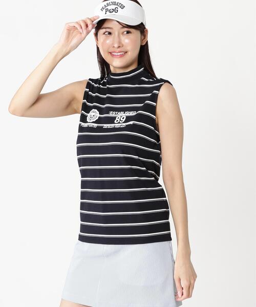 PEARLY GATES(パーリーゲイツ)の「【PEARLY GATES】ボーダーFD40/-FD100dベア擬似メッシュスリーブレスハイネックカットソー(Tシャツ/カットソー・レディース・ダークインディゴブルー・SMALL)」の3枚目の写真