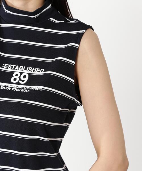 PEARLY GATES(パーリーゲイツ)の「【PEARLY GATES】ボーダーFD40/-FD100dベア擬似メッシュスリーブレスハイネックカットソー(Tシャツ/カットソー・レディース・ダークインディゴブルー・SMALL)」の9枚目の写真