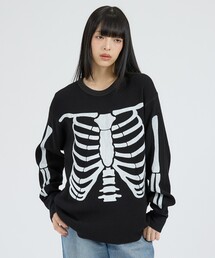 【Healthknit / ヘルスニット】サーマルニット ワッフル ボーンズプリント クルーネック長袖 / ユニセックス