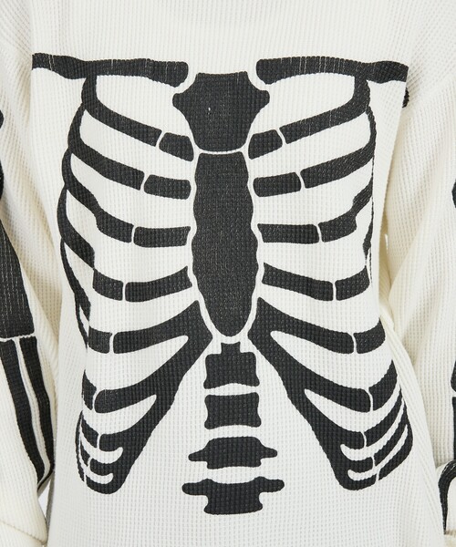 Healthknit(ヘルスニット)の「【Healthknit / ヘルスニット】サーマルニット ワッフル ボーンズプリント クルーネック長袖 / ユニセックス(Tシャツ/カットソー・メンズ・ブラック/オフホワイト・XL/L/M)」の4枚目の写真