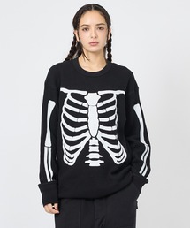 【Healthknit / ヘルスニット】サーマルニット ワッフル ボーンズプリント クルーネック長袖 / ユニセックス