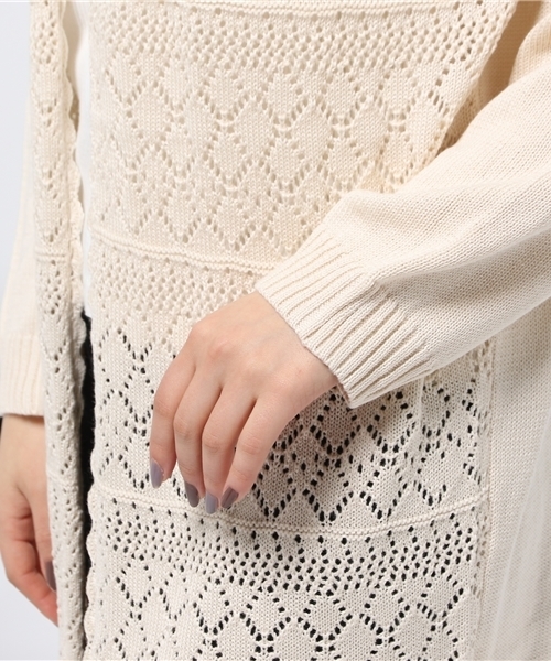 E hyphen world gallery（イーハイフンワールドギャラリー）の「フロント透かし編みロングカーディガン（カーディガン/ボレロ・レディース・キャメル/ウッド/アイボリー/ブラック・FREE）」の9枚目の写真