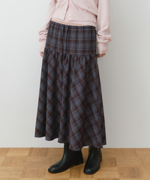 CHECK SHIRRING LONG SKIRT BLUE