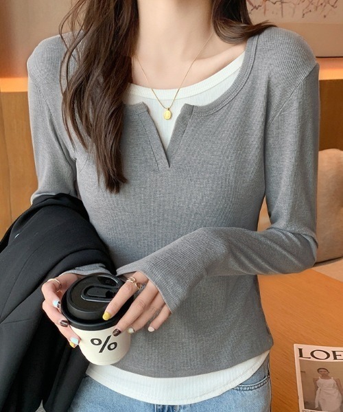SHEPP(シープ)の「【26年秋冬新作】レイヤード風 キーネック リブカットソー(Tシャツ/カットソー・レディース・ブラック/ライトグレー/ネイビー/グレー・M)」の3枚目の写真
