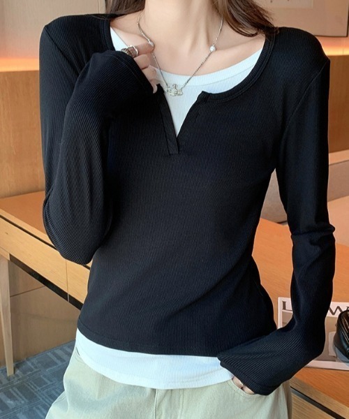 SHEPP(シープ)の「【26年秋冬新作】レイヤード風 キーネック リブカットソー(Tシャツ/カットソー・レディース・ブラック/ライトグレー/ネイビー/グレー・M)」の1枚目の写真