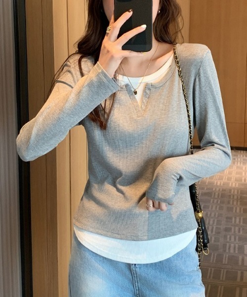 SHEPP(シープ)の「【26年秋冬新作】レイヤード風 キーネック リブカットソー(Tシャツ/カットソー・レディース・ブラック/ライトグレー/ネイビー/グレー・M)」の13枚目の写真