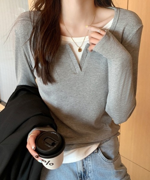 SHEPP(シープ)の「【26年秋冬新作】レイヤード風 キーネック リブカットソー(Tシャツ/カットソー・レディース・ブラック/ライトグレー/ネイビー/グレー・M)」の10枚目の写真