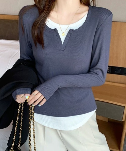 SHEPP(シープ)の「【26年秋冬新作】レイヤード風 キーネック リブカットソー(Tシャツ/カットソー・レディース・ブラック/ライトグレー/ネイビー/グレー・M)」の17枚目の写真