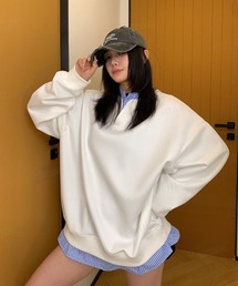 ストライプシャツレイヤード風デザインキーネックスウェット