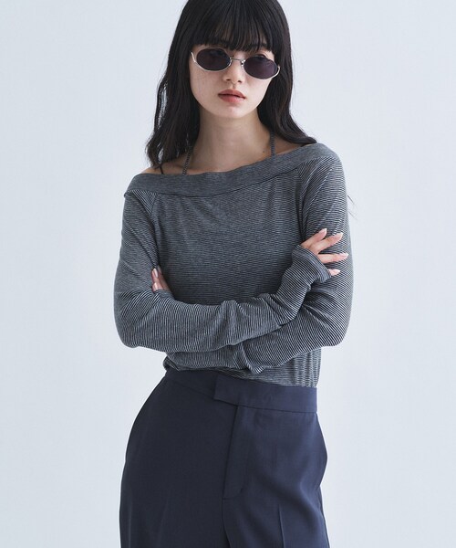 CODE A（コードエー）の「tie neck boat top（Tシャツ/カットソー・レディース・アイボリー/ブラック系2/チャコールグレー・00）」の4枚目の写真