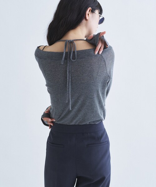 CODE A（コードエー）の「tie neck boat top（Tシャツ/カットソー・レディース・アイボリー/ブラック系2/チャコールグレー・00）」の5枚目の写真