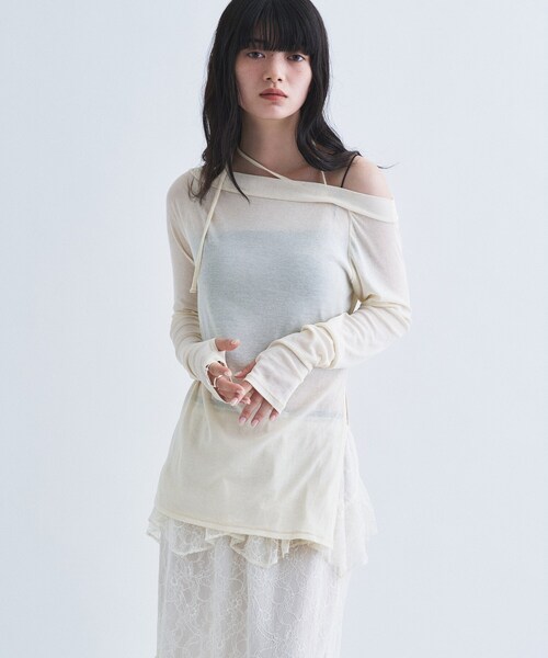 CODE A（コードエー）の「tie neck boat top（Tシャツ/カットソー・レディース・アイボリー/ブラック系2/チャコールグレー・00）」の8枚目の写真