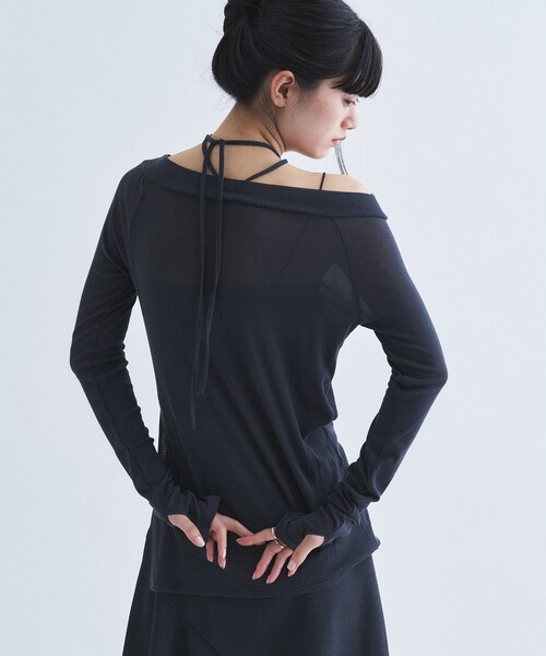 CODE A（コードエー）の「tie neck boat top（Tシャツ/カットソー・レディース・アイボリー/ブラック系2/チャコールグレー・00）」の15枚目の写真