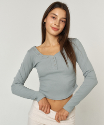 HENLEY NECK BUTTON SLIM T-SHIRT_2color