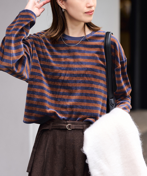 SLOBE IENA(スローブイエナ)の「ドロストベロアボーダーカットソー(Tシャツ/カットソー・レディース・パープル/ネイビー/チャコールグレー・FREE)」の13枚目の写真