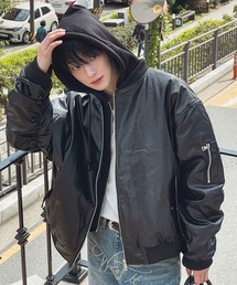 NOWLE（ノウル）の「【NOWLE】フェイクレイヤード フード付き フェイクレザーブルゾン / ダブルジップ 短丈パーカー&フェイクレザージャケット（ブルゾン）」