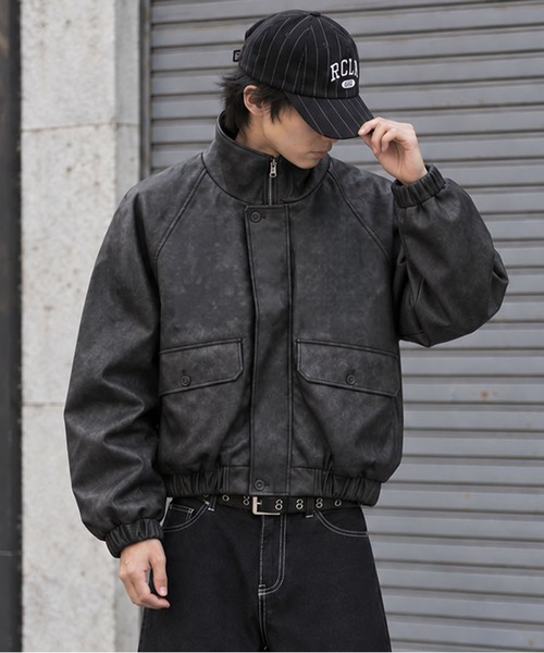 SPINNS(スピンズ)の「短丈合皮A-2ダブルジップスタンドカラージャケット/ユニセックス(スタジャン・メンズ・チャコール/ブラック/ブラウン・ONESIZE)」の2枚目の写真