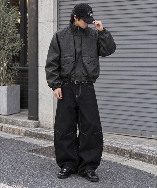 SPINNS(スピンズ)の「短丈合皮A-2ダブルジップスタンドカラージャケット/ユニセックス(スタジャン・メンズ・チャコール/ブラック/ブラウン・ONESIZE)」の13枚目の写真