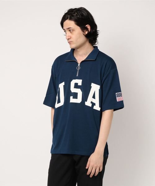 STYLEBLOCK(スタイルブロック)の「星条旗USAロゴプリントビッグシルエットハーフジップアップ半袖Tシャツ(Tシャツ/カットソー・メンズ・レッド/ブラック/ネイビー/オフホワイト・L/M)」の3枚目の写真