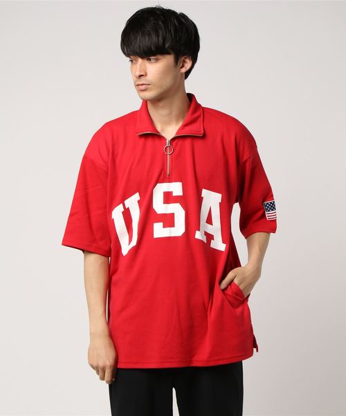 STYLEBLOCK(スタイルブロック)の「星条旗USAロゴプリントビッグシルエットハーフジップアップ半袖Tシャツ(Tシャツ/カットソー・メンズ・レッド/ブラック/ネイビー/オフホワイト・L/M)」の4枚目の写真