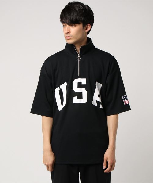 STYLEBLOCK(スタイルブロック)の「星条旗USAロゴプリントビッグシルエットハーフジップアップ半袖Tシャツ(Tシャツ/カットソー・メンズ・レッド/ブラック/ネイビー/オフホワイト・L/M)」の1枚目の写真