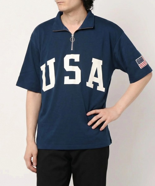 STYLEBLOCK(スタイルブロック)の「星条旗USAロゴプリントビッグシルエットハーフジップアップ半袖Tシャツ(Tシャツ/カットソー・メンズ・レッド/ブラック/ネイビー/オフホワイト・L/M)」の1枚目の写真