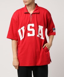 星条旗USAロゴプリントビッグシルエットハーフジップアップ半袖Tシャツ