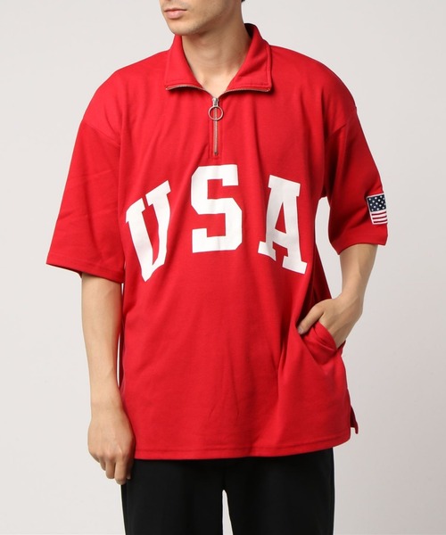 STYLEBLOCK(スタイルブロック)の「星条旗USAロゴプリントビッグシルエットハーフジップアップ半袖Tシャツ(Tシャツ/カットソー・メンズ・レッド/ブラック/ネイビー/オフホワイト・L/M)」の4枚目の写真