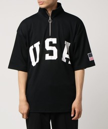 星条旗USAロゴプリントビッグシルエットハーフジップアップ半袖Tシャツ
