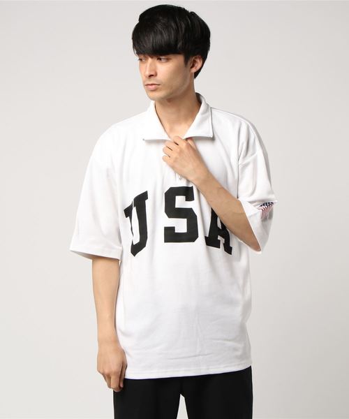 STYLEBLOCK(スタイルブロック)の「星条旗USAロゴプリントビッグシルエットハーフジップアップ半袖Tシャツ(Tシャツ/カットソー・メンズ・レッド/ブラック/ネイビー/オフホワイト・L/M)」の7枚目の写真