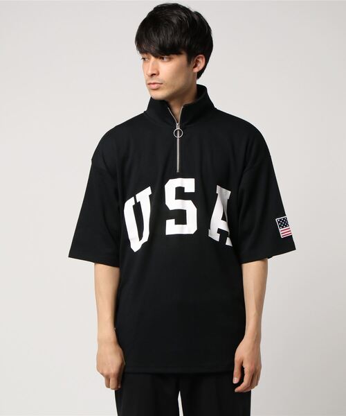 STYLEBLOCK(スタイルブロック)の「星条旗USAロゴプリントビッグシルエットハーフジップアップ半袖Tシャツ(Tシャツ/カットソー・メンズ・レッド/ブラック/ネイビー/オフホワイト・L/M)」の8枚目の写真